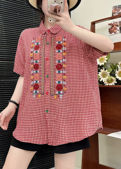 Bohemian Red Embroidered Plaid Linen Tops Summer