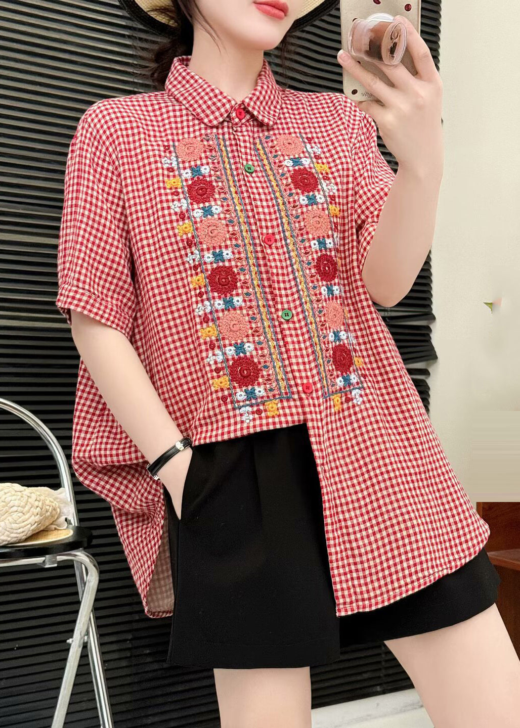 Bohemian Red Embroidered Plaid Linen Tops Summer