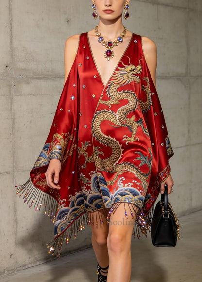 Bohemian Red Fringe Trim Cold Shoulder Rhinestone Silk Dress Summer