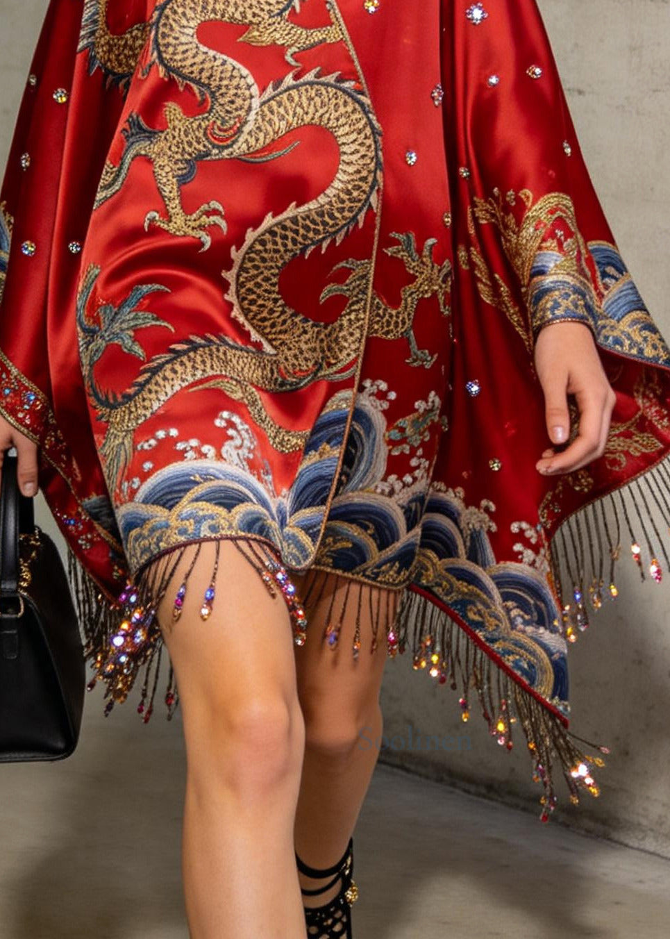 Bohemian Red Fringe Trim Cold Shoulder Rhinestone Silk Dress Summer
