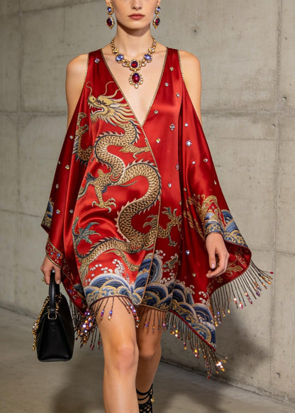 Bohemian Red Fringe Trim Cold Shoulder Rhinestone Silk Dress Summer