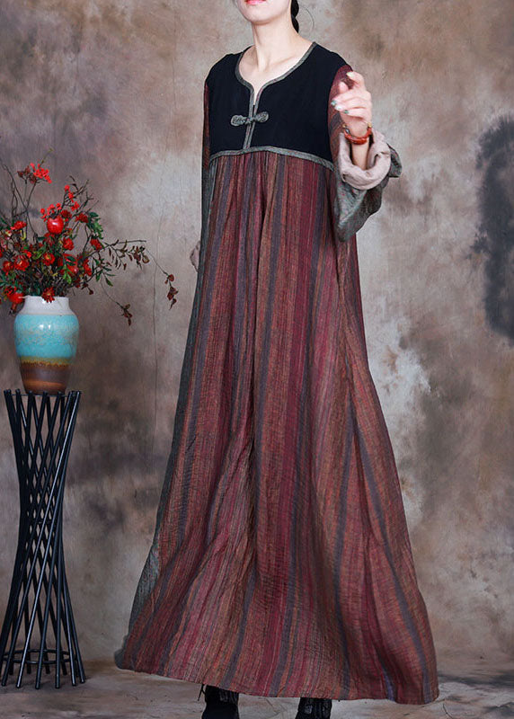 Böhmisches Rot Grün Retro Patchwork Print Herbst Langarm Lange Kleider