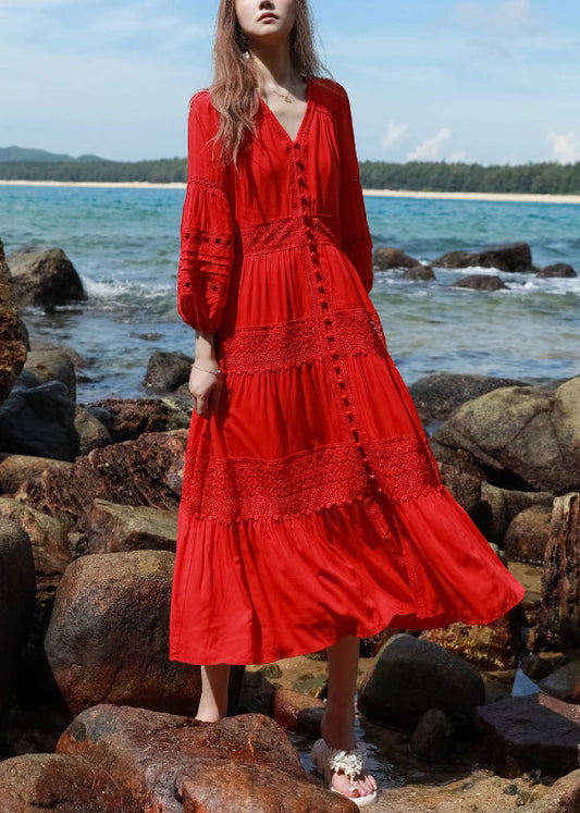 Bohemian Red Hollow Out Lace Button Shirts Dress Lantern Sleeve