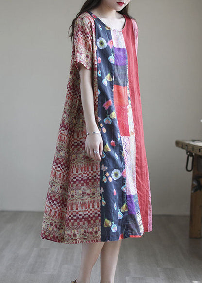 Bohemian Red Loose Patchwork Leinen Herbst Kurzarm Lange Kleider