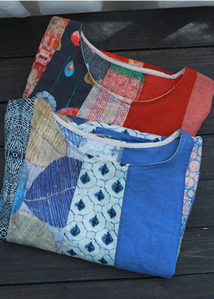 Bohemian Red Loose Patchwork Leinen Herbst Kurzarm Lange Kleider