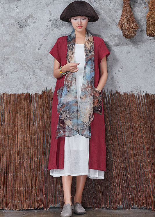 Bohemian Red Patchwork Schal Kragen Baumwolle Strickjacken Kurzarm