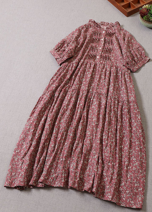 Bohemian Red Rüschen Print Lange Kleider Halbarm