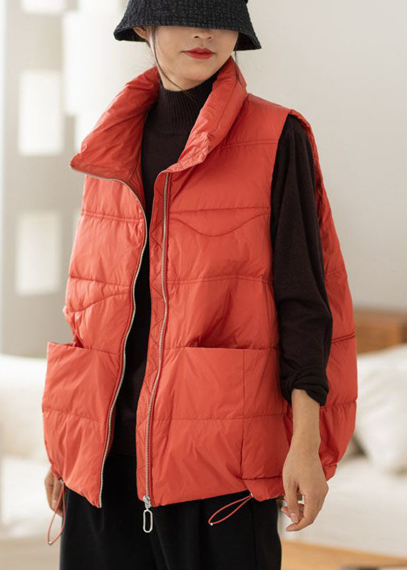 Bohemian Red Stehkragen Zip Up Taschen Kordelzug Ente Unten Weste Winter