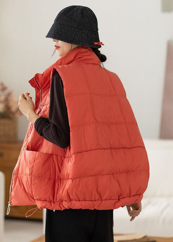 Bohemian Red Stehkragen Zip Up Taschen Kordelzug Ente Unten Weste Winter