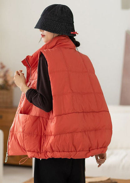Bohemian Red Stehkragen Zip Up Taschen Kordelzug Ente Unten Weste Winter