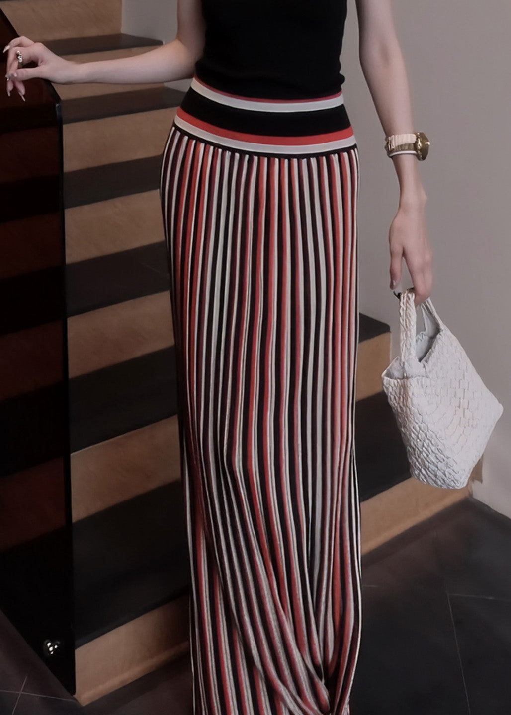 Boho-Rot gestreifte, schmal geschnittene, gerade Röcke für den Frühling