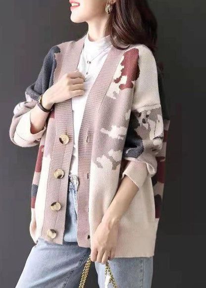 Bohemian Rot V-Ausschnitt Jacquard Gemütliche Kaschmir Strickjacke Frühling