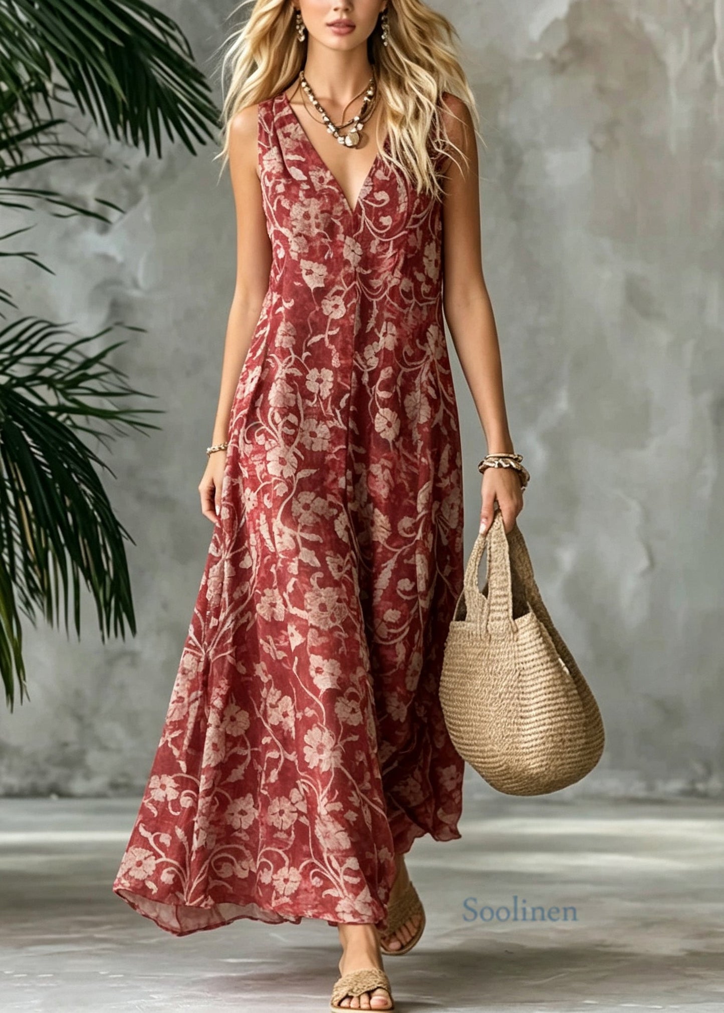 Bohemian Red V Neck Print Cotton Ankle Dress Sleeveless