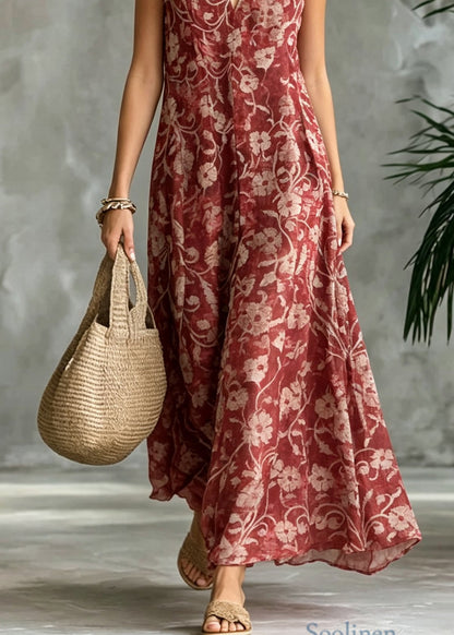 Bohemian Red V Neck Print Cotton Ankle Dress Sleeveless