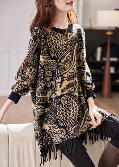 Suéter de punto de algodón con retazos y borlas rojas bohemias, mangas murciélago