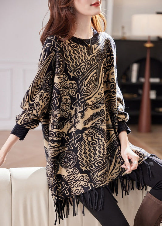 Boho-Strickpullover aus Baumwolle mit rotem Quasten-Patchwork und Fledermausärmeln