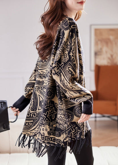 Suéter de punto de algodón con retazos y borlas rojas bohemias, mangas murciélago