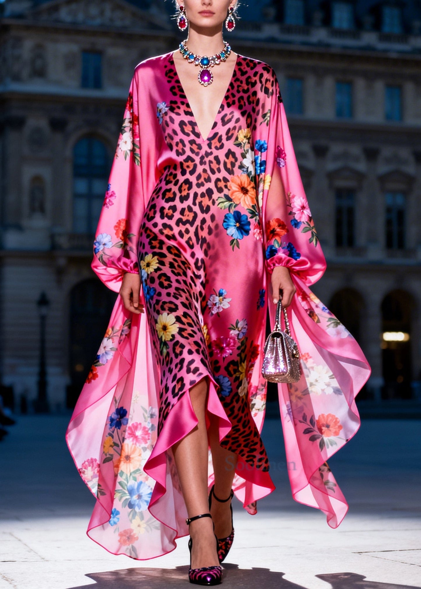 Bohemian Rose Asymmetrical Print Chiffon Holiday Dress Summer
