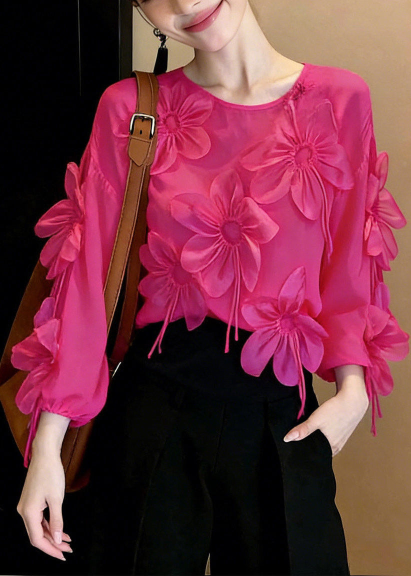 Bohemian Rose O-Neck Floral Chiffon Top Spring