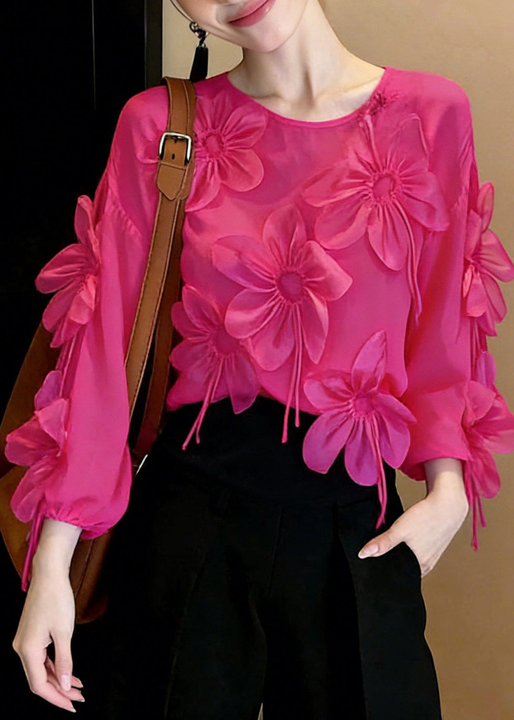 Bohemian Rose O-Neck Floral Chiffon Top Spring