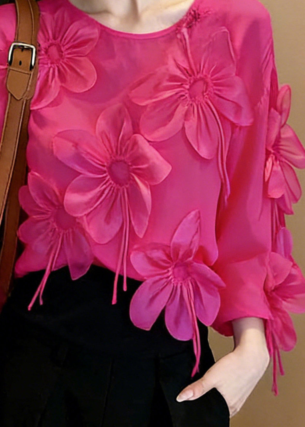 Bohemian Rose O-Neck Floral Chiffon Top Spring