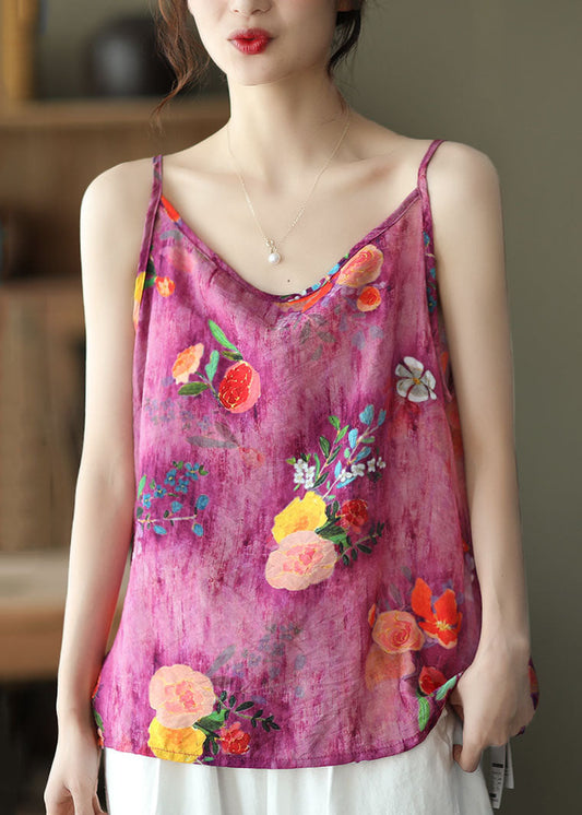 Bohemian Rose O Neck Print Patchwork Leinen Tank Ärmellos