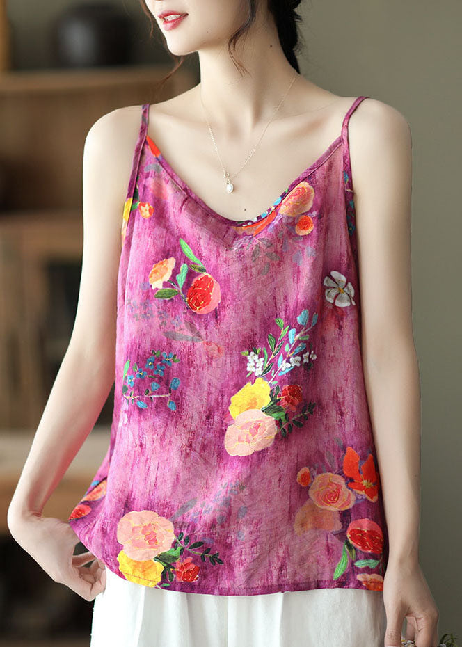 Bohemian Rose O Neck Print Patchwork Leinen Tank Ärmellos