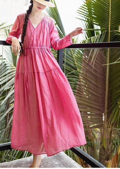 Bohemian Rose Patchwork Lace Pockets Maxi Summer Linen Dress - SooLinen