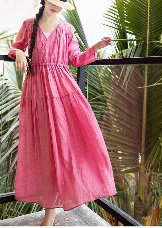 Bohemian Rose Patchwork Lace Pockets Maxi Summer Linen Dress - SooLinen