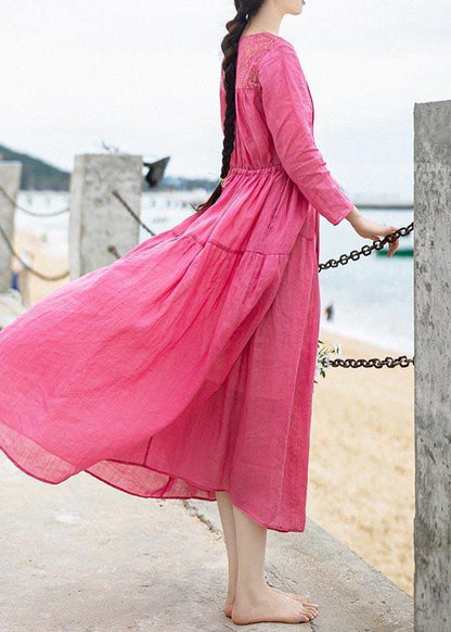 Bohemian Rose Patchwork Lace Pockets Maxi Summer Linen Dress - SooLinen