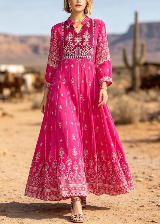 Bohemian Rose V Neck Print Exra Large Hem Cotton Dresses Summer