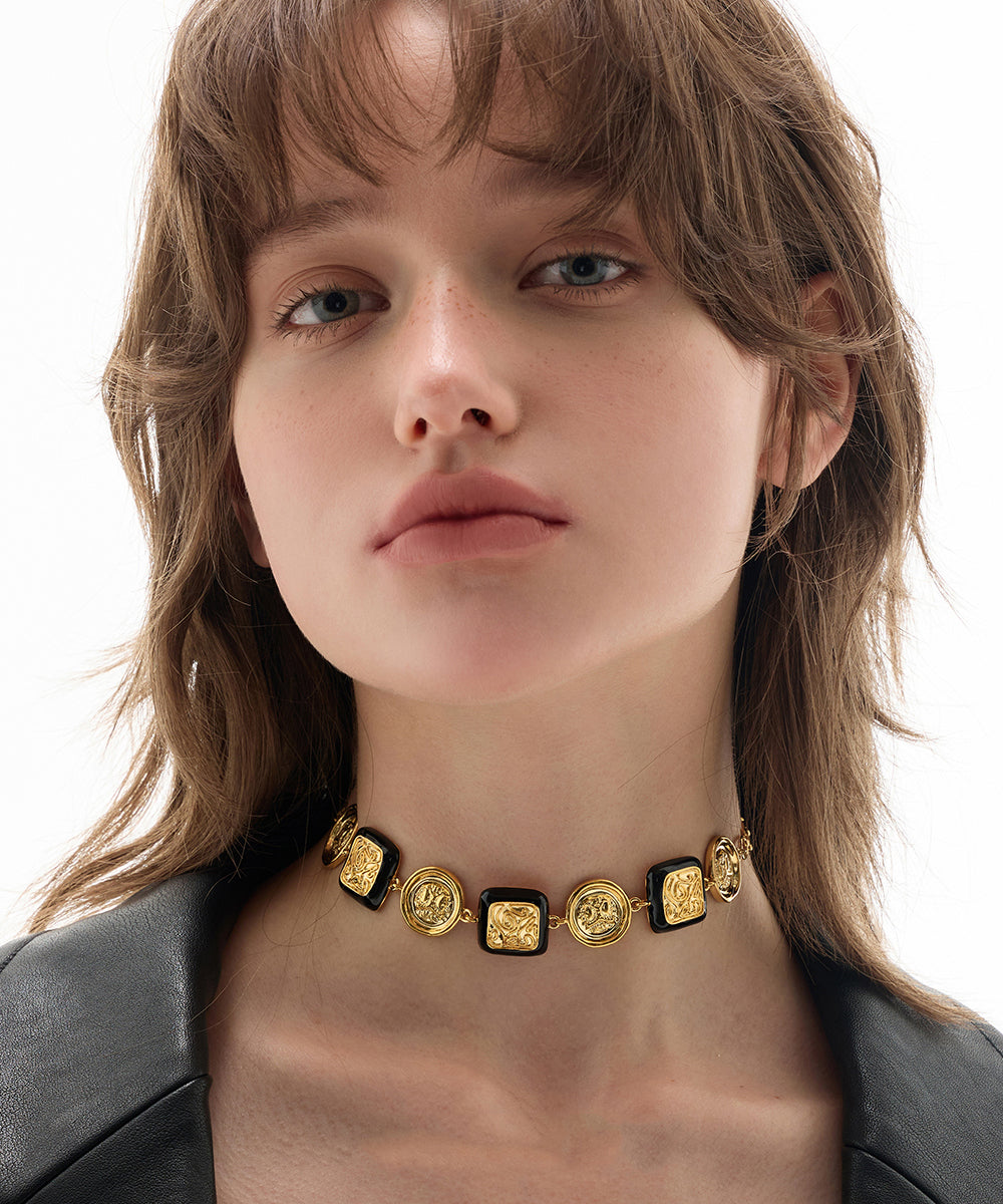 Bohemian Silk Copper Overgild Dripping Glaze Coin Collar Necklace