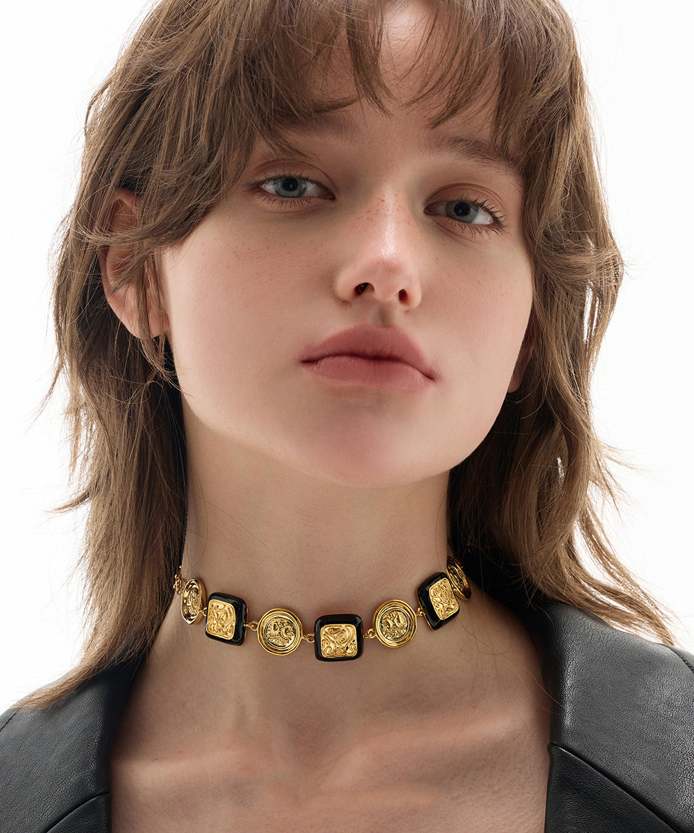 Bohemian Silk Copper Overgild Dripping Glaze Coin Collar Necklace