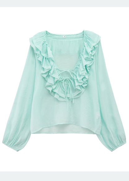 Bohemian Sky Blue Ruffled Cotton Shirt Tops Summer