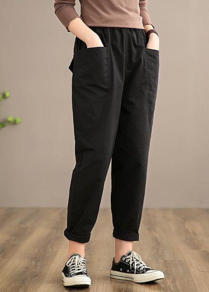 Bohemian Spring Pant Oversized Black Work elastic waist Trousers - SooLinen