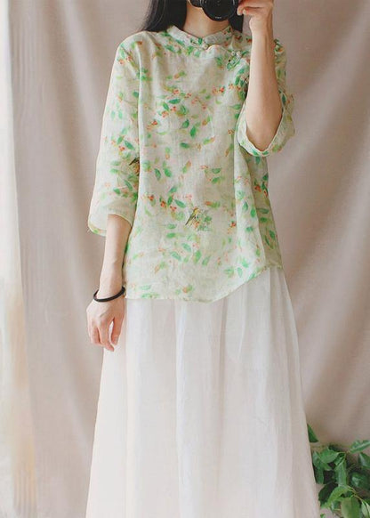 Bohemian Stand Collar Half Sleeve Clothes For Women Green Leaves Tops - SooLinen