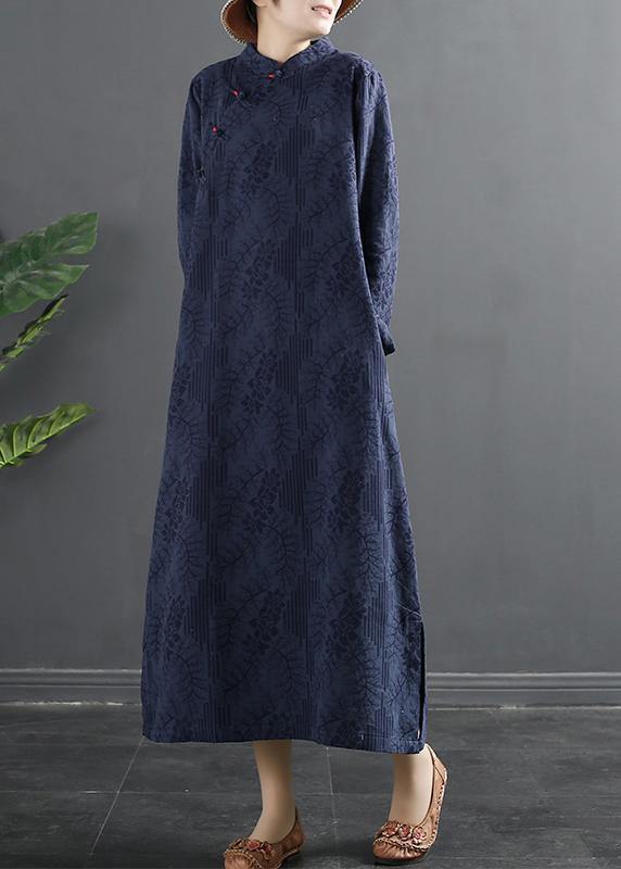 Bohemian Stand Collar dress Blue Jacquard Maxi Dresses - SooLinen