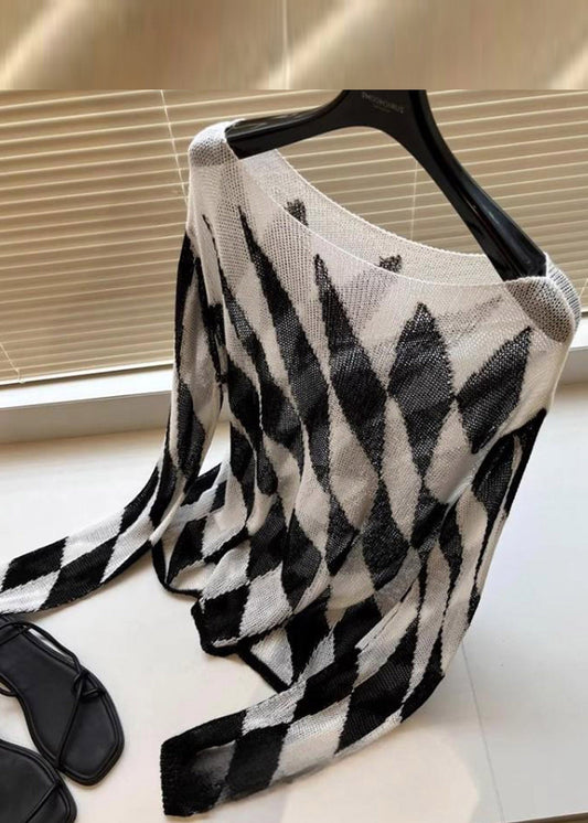 Bohemian Striped Plaid Slash Neck Knit Top Fall