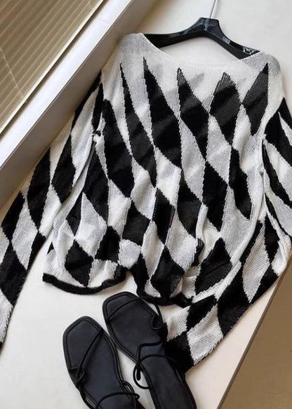 Bohemian Striped Plaid Slash Neck Knit Top Fall