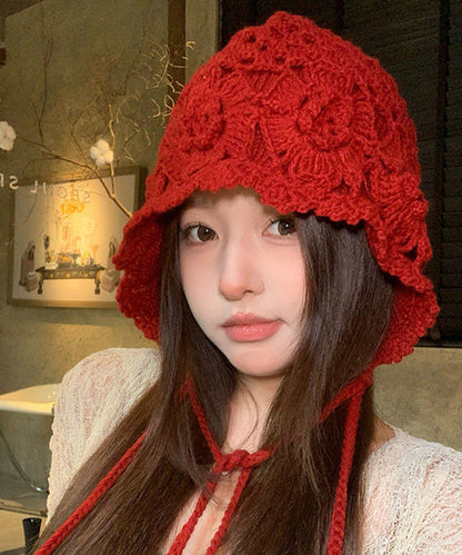 Bohemian Style Red Hollow Floral Knitted Boonie Hat
