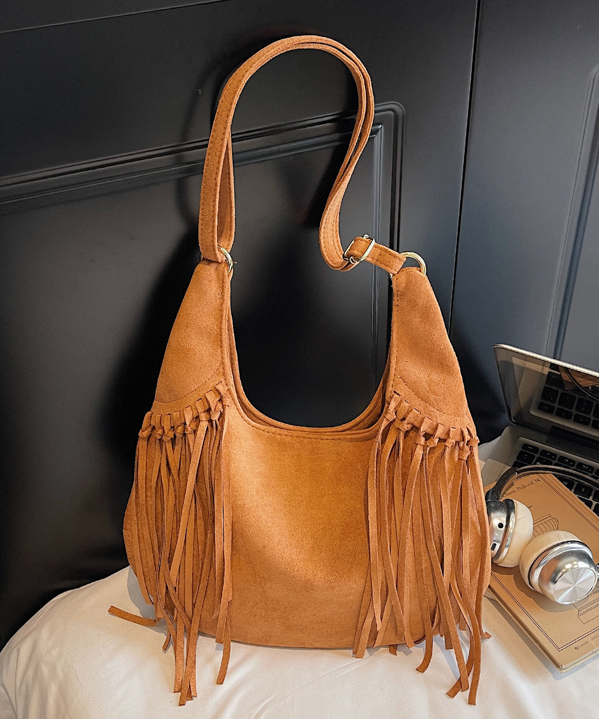 Bohemian Tasseled Solid Durable Suede Velour Messenger Bag