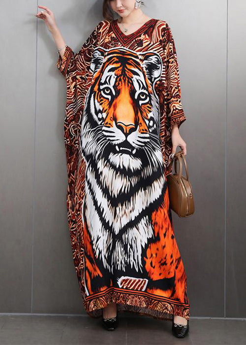 Bohemian V Neck Animal Print Maxi Dresses Batwing Sleeve