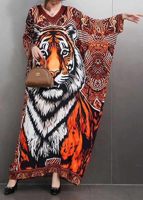 Bohemian V Neck Animal Print Maxi Dresses Batwing Sleeve