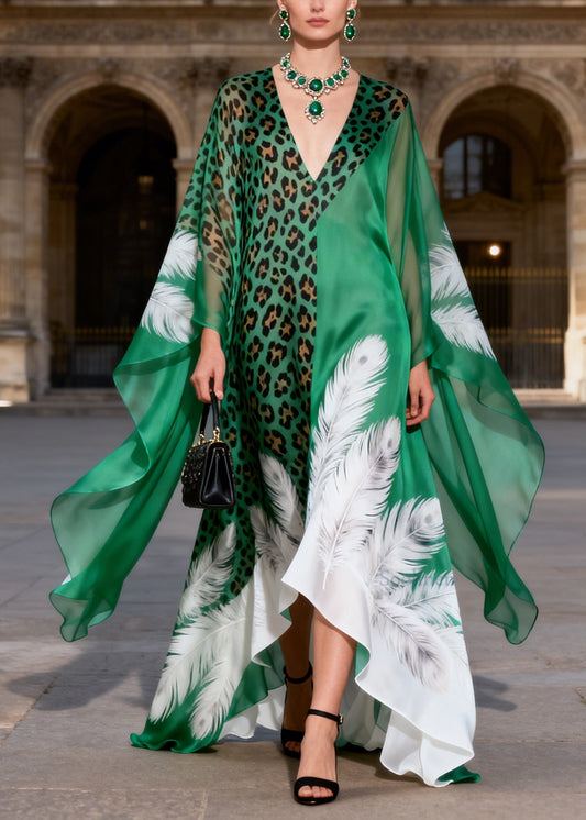 Bohemian V Neck Leopard Feather Print Chiffon Robe Dress Summer