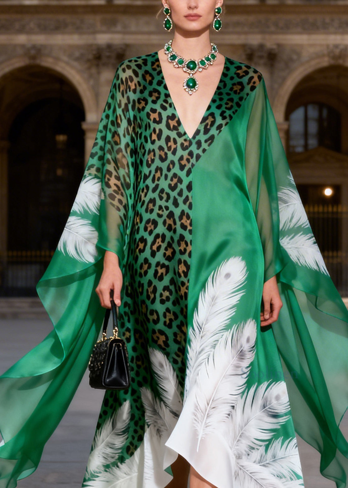 Bohemian V Neck Leopard Feather Print Chiffon Robe Dress Summer