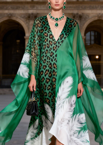 Bohemian V Neck Leopard Feather Print Chiffon Robe Dress Summer