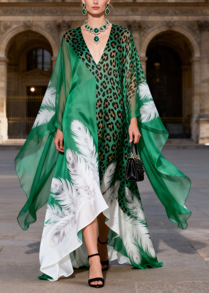 Bohemian V Neck Leopard Feather Print Chiffon Robe Dress Summer