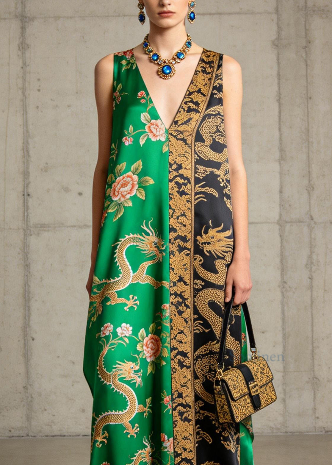 Bohemian V Neck Oriental Print Patchwork Chiffon Dress Sleeveless