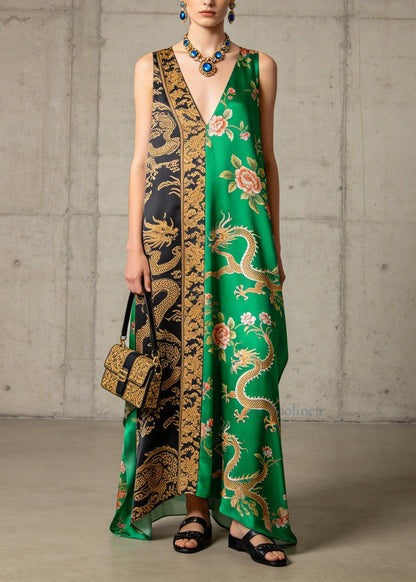 Bohemian V Neck Oriental Print Patchwork Chiffon Dress Sleeveless