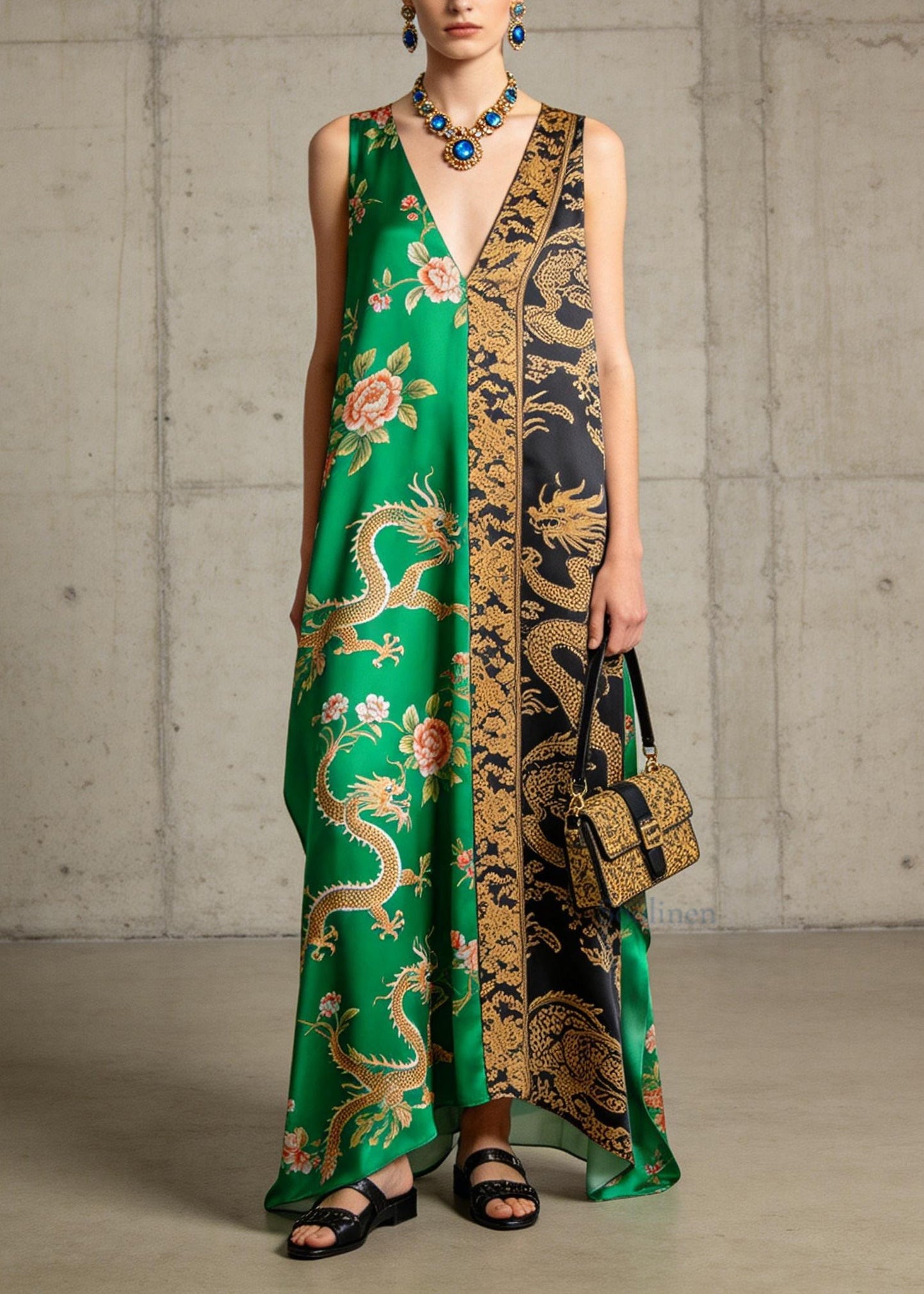 Bohemian V Neck Oriental Print Patchwork Chiffon Dress Sleeveless